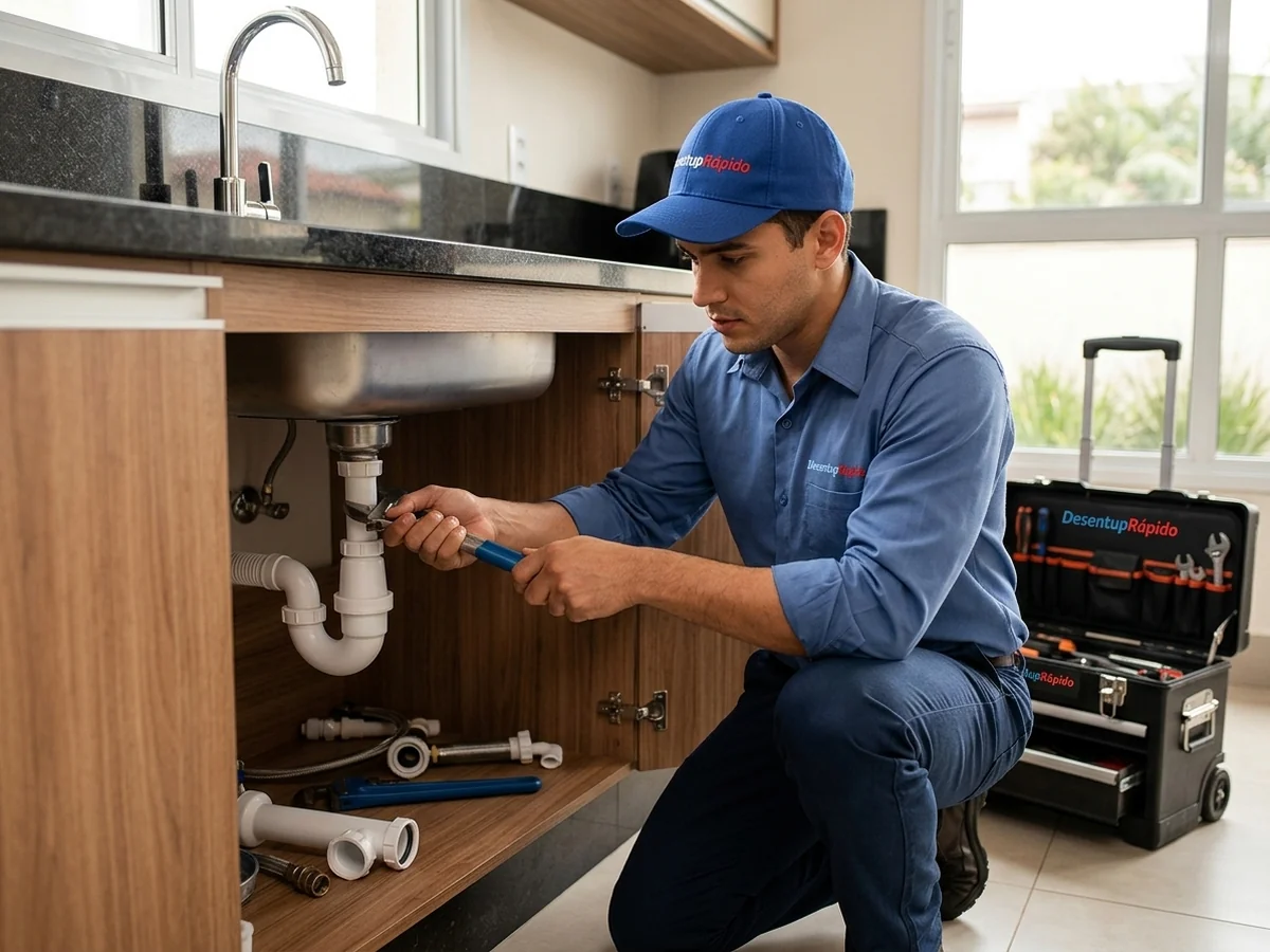 Técnico realizando desentupimento de pia de cozinha em residência de Sorocaba