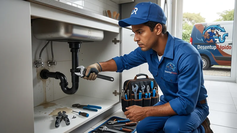Técnico desentupindo pia de cozinha em residência de Sorocaba