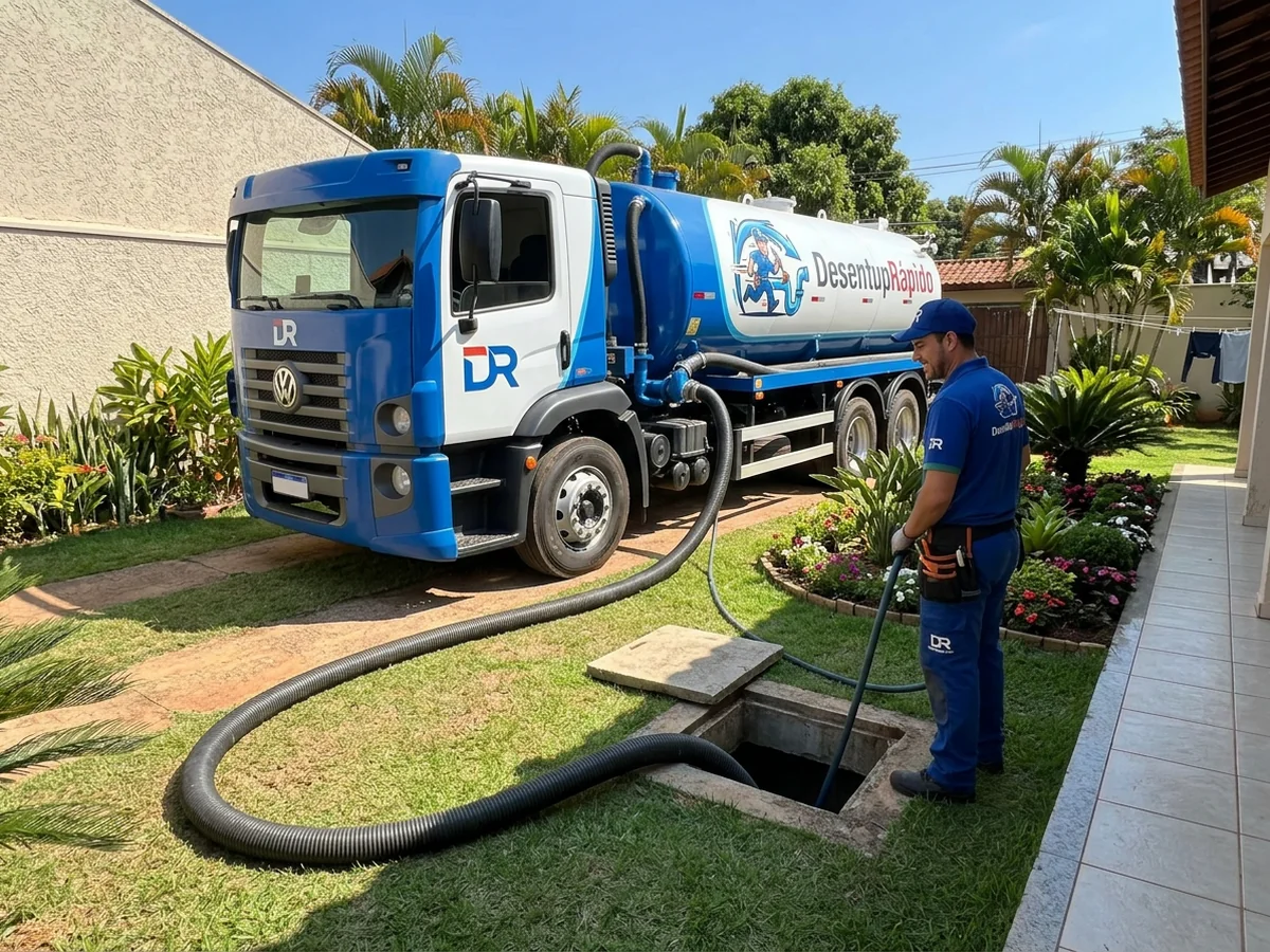 Caminhão auto-vácuo de 8.000 litros realizando esgotamento de fossa séptica em residência de Sorocaba